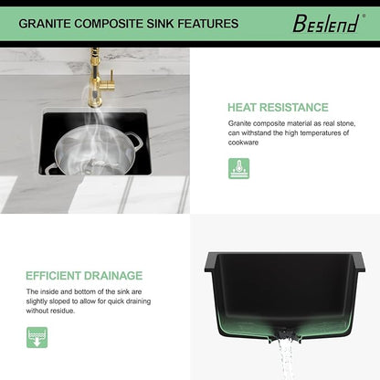 18 Black Granite Composite Bar Sink - 18x16 Undermount Granite Quartz Kitchen Sink Matte Black 9 Inch Depth Small Signle Bowl RV Sinks Under Counter