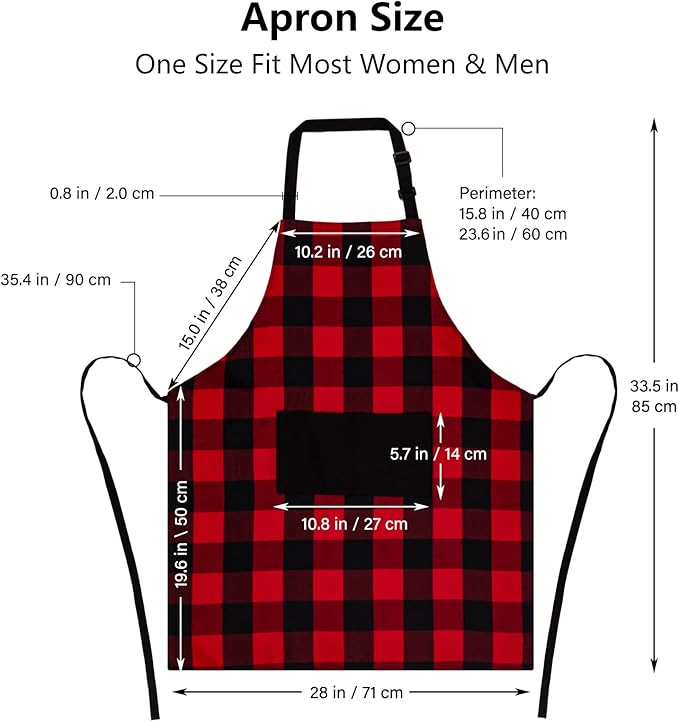Jubatus 1 Pack Buffalo Check Apron with 2 Pockets Adjustable Bib Chef Kitchen Aprons for Men and Women, Red & Black