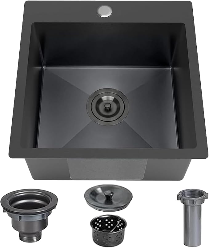 Friho Drop-in Black Bar Sink, 18"x 18" Inch Small Kitchen Sink, Stainless Steel Handmade Single Bowl Topmount RV Kitchen Sinks With Basket Strainer