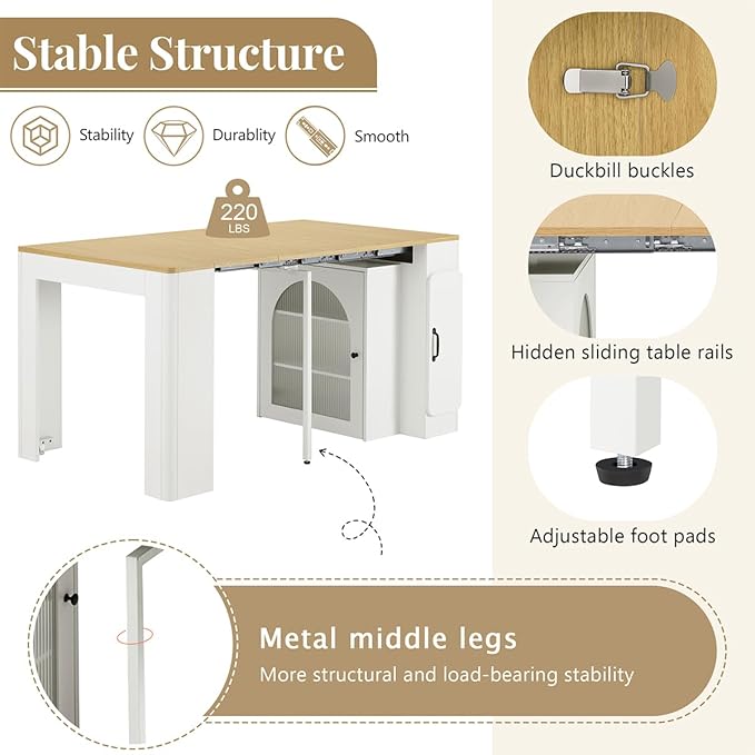 Mobile Extendable Dining Table with 3 Removable Middle Leaves and Power Outlets for 2-5 People, Kitchen Island with Storage Cabinet and Drawers, Kitchen Island Cart for Dining Room (White)