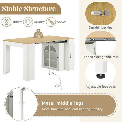 Mobile Extendable Dining Table with 3 Removable Middle Leaves and Power Outlets for 2-5 People, Kitchen Island with Storage Cabinet and Drawers, Kitchen Island Cart for Dining Room (White)