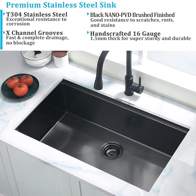 Black Undermount Kitchen Sink, 32x19 Kitchen Sink Undermount Black Stainless Steel Sinks Ledge Workstation 16 Gauge Deep Single Bowl Basin with Cutting Board