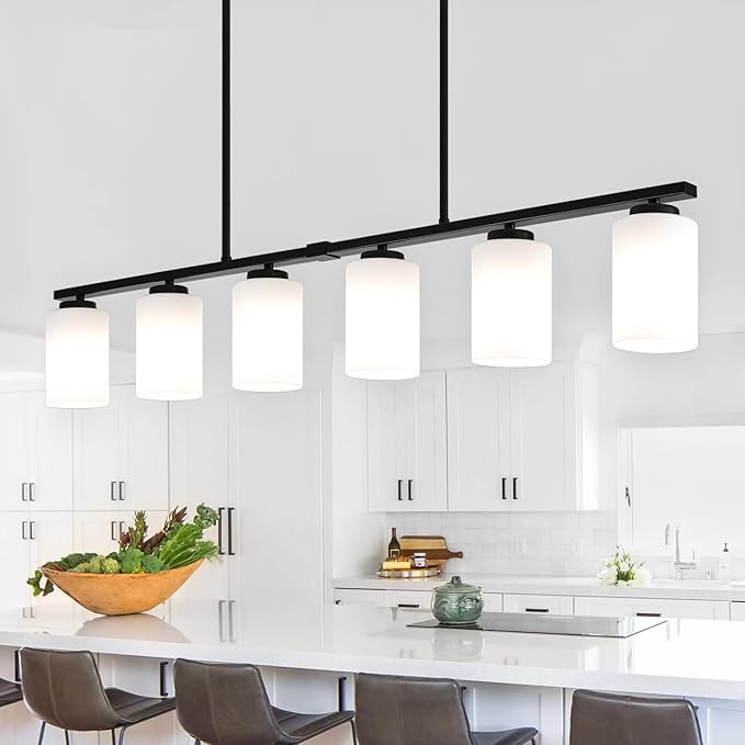 45.27'' Modern Farmhouse Kitchen Island Light, 6-Light Island Lights for Kitchen, Dining Room Light Fixture, Black Hanging Pendant Light with Milk Glass Shade, Linear Chandelier with Adjustable Rod