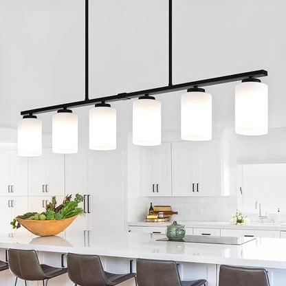 45.27'' Modern Farmhouse Kitchen Island Light, 6-Light Island Lights for Kitchen, Dining Room Light Fixture, Black Hanging Pendant Light with Milk Glass Shade, Linear Chandelier with Adjustable Rod