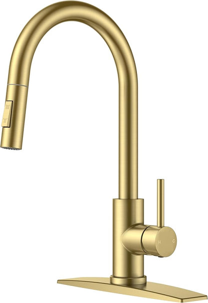 Gold Kitchen Faucet with Pull Down Sprayer, Stainless Steel Kitchen Sink Faucet Classic High Arc Single Handle with Deck Plate for 1 or 3 Hole, Fit for Farmhouse Bar Laundry Camper