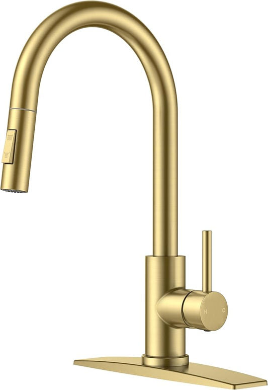Gold Kitchen Faucet with Pull Down Sprayer, Stainless Steel Kitchen Sink Faucet Classic High Arc Single Handle with Deck Plate for 1 or 3 Hole, Fit for Farmhouse Bar Laundry Camper