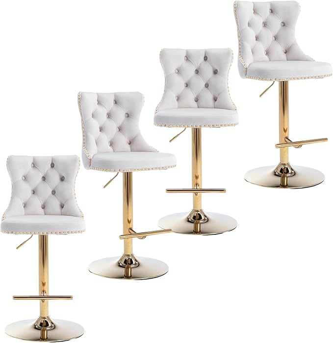 Rhomtree Velvet Swivel Bar Stools Upholstered Bar Stool with Button Tufted Back and Pull Ring Height Adjustable Barstools 25-33 Inch for Home Pub and Kitchen Island (Beige with Gold Base, Set of 4)