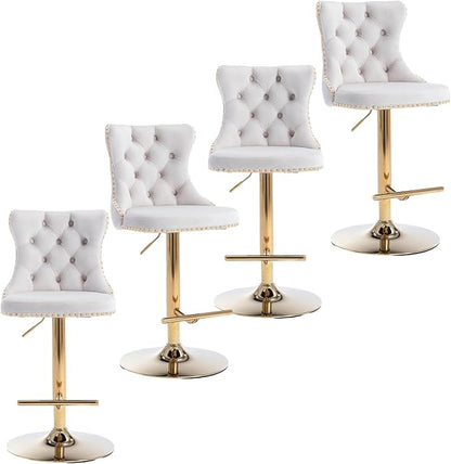 Rhomtree Velvet Swivel Bar Stools Upholstered Bar Stool with Button Tufted Back and Pull Ring Height Adjustable Barstools 25-33 Inch for Home Pub and Kitchen Island (Beige with Gold Base, Set of 4)