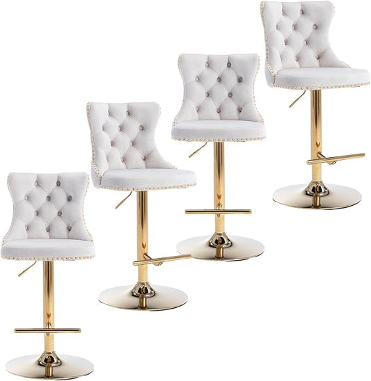Rhomtree Velvet Swivel Bar Stools Upholstered Bar Stool with Button Tufted Back and Pull Ring Height Adjustable Barstools 25-33 Inch for Home Pub and Kitchen Island (Beige with Gold Base, Set of 4)