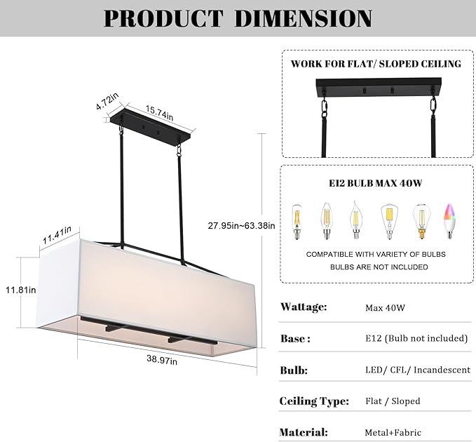 Dining Room Light Fixture Black Chandelier for Entryway 7-Light Large Linear Rectangle Island Lighting White Fabric Kitchen Pendant Light for Kitchen Bedroom Foyer Living Room
