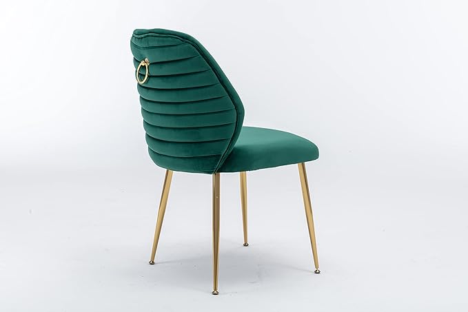 Modern Velvet Dining Chairs Set of 2, Woven Accent Kitchen Chairs with 4 Sturdy Golden Metal Legs, Luxurious Armless Side Chair with Ring for Indoor, Kitchen Island , Dining Room, Living Room (Green)