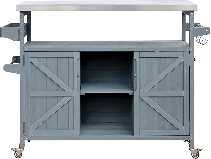 Modern Dining Table Outdoor Kitchen Island with Cabinet, Rolling Bar Cart, Farmhouse Solid Wood Grill Table with Stainless Steel Top, Spice Rack, Towel Rack for Kitchen Dining Room Tables,Blue