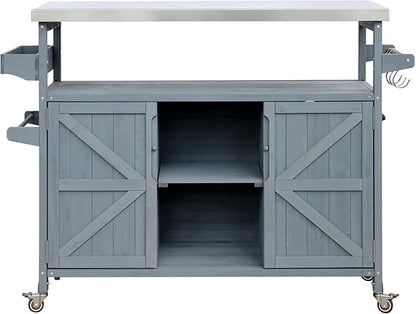 Modern Dining Table Outdoor Kitchen Island with Cabinet, Rolling Bar Cart, Farmhouse Solid Wood Grill Table with Stainless Steel Top, Spice Rack, Towel Rack for Kitchen Dining Room Tables,Blue