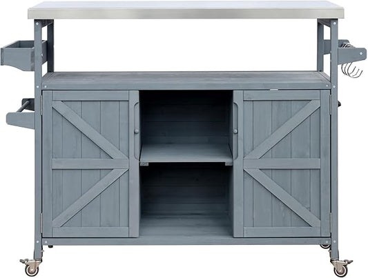 Modern Dining Table Outdoor Kitchen Island with Cabinet, Rolling Bar Cart, Farmhouse Solid Wood Grill Table with Stainless Steel Top, Spice Rack, Towel Rack for Kitchen Dining Room Tables,Blue