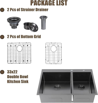 IKEBANA 33 Inch Black Double Kitchen Sink Drop In, 33x22 Inch 16 Gauge 304 Stainless Steel Topmount Kitchen sink, 60/40 Double Basin Workstation Sink With Accessories