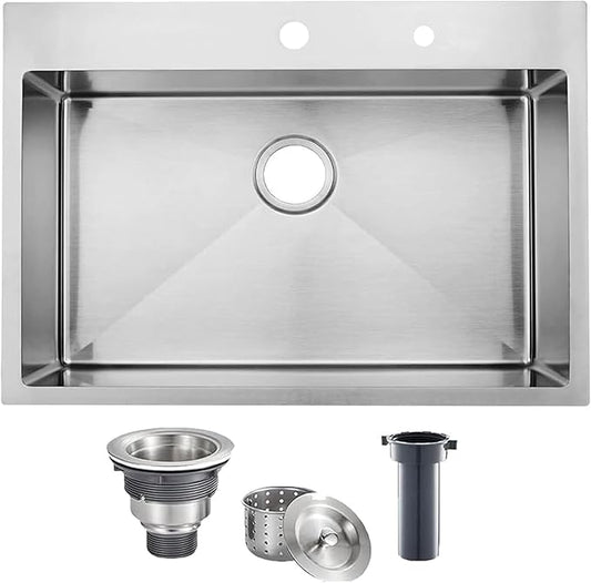 VAPSINT 33x22 Drop In Kitchen Sink, 33 Inch Stainless Steel Top Mount Single Bowl Sink for Kitchen, Overmount Handmade 16 Gauge Brushed Nickel RV Laundry Prep Sinks with Drain