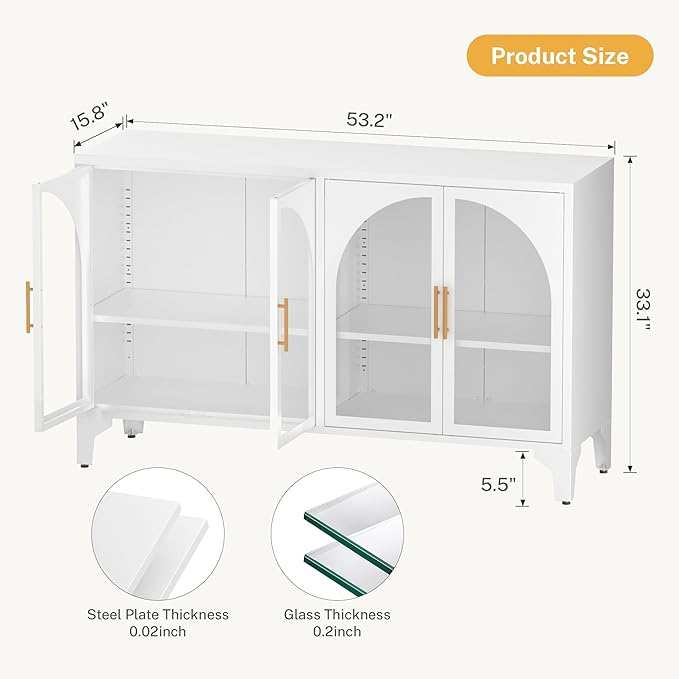 Foreate Arched Sideboard Buffet Cabinet with Storage & LED Light, 53.2" Large Buffet Cabinet with 4 Glass Door & Adjustable Shelf, Modern Farmhouse Sideboard Credenzas Metal Kitchen Buffet, White