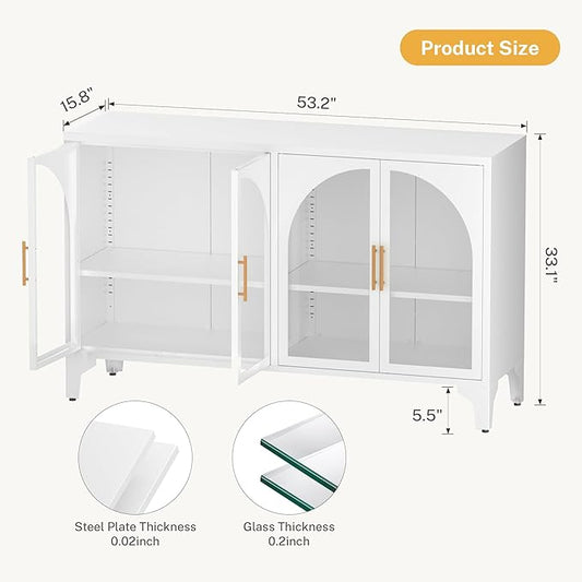 Foreate Arched Sideboard Buffet Cabinet with Storage & LED Light, 53.2" Large Buffet Cabinet with 4 Glass Door & Adjustable Shelf, Modern Farmhouse Sideboard Credenzas Metal Kitchen Buffet, White