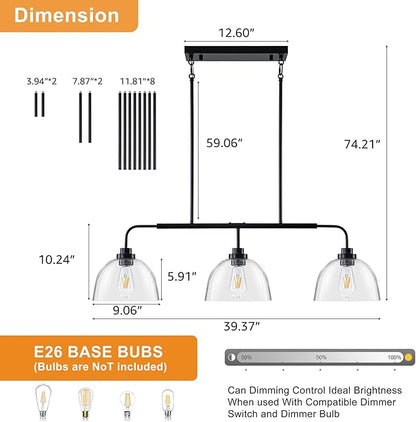 GoYeel 39.37" Kitchen Island Lighting, Large Dining Room Chandelier Over Table Black Pendant Lights Kitchen Island with 3 Big Clear Glass Dome,Height Adjustable,E26 Base