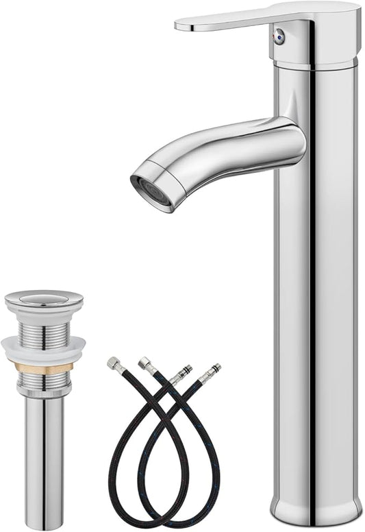 gotonovo Vessel Sink Faucet Modern Tall Bathroom Faucet Single Handle One Hole Stainless Steel Vanity Lavatory Rv Bowl Basin Mixer Tap with Supply Lines and Metal Pop Up Drain, Polish Chrome