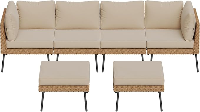 Aoxun 6 Piece Patio Furniture Set, 6 Seats Outdoor Sectional Sofas with Thick Cushion, Wicker Outdoor Patio Furniture Set with Ottomans for Party, Garden, Backyard, Beige