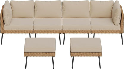 Aoxun 6 Piece Patio Furniture Set, 6 Seats Outdoor Sectional Sofas with Thick Cushion, Wicker Outdoor Patio Furniture Set with Ottomans for Party, Garden, Backyard, Beige