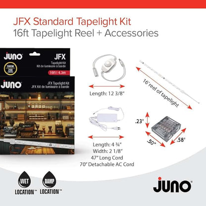 Juno JFX LED Tapelight Starter Kit, 16 Foot Warm White LED Strip Light, Flexible Under Shelf LED Lighting with Dimmer, 200 Lumens, Easy Install Plug-in Light Strip for Kitchen or Accent Lighting