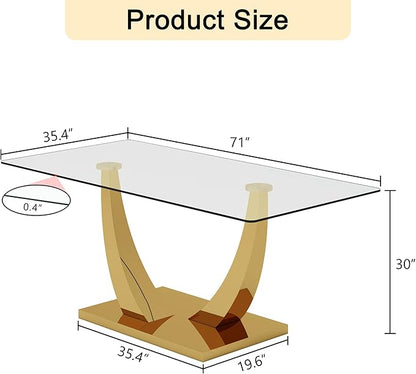 71” Glass Dining Table, Modern Dining Room Table for 6-8, Luxury Gold Kitchen Table with U-Shaped Metal Legs, 0.4” Tempered Glass Top for Elegant Dining Room Spaces