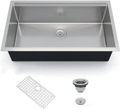 GarveeTech Undermount Kitchen Sink 30 x 19 x 10 Inch, Single Bowl Workstation Stainless Steel Sink with Integrated Ledge, Brushed Finish, Includes Bottom Grid & Drain Assembly
