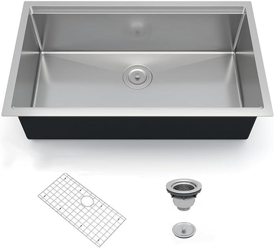 GarveeTech Undermount Kitchen Sink 30 x 19 x 10 Inch, Single Bowl Workstation Stainless Steel Sink with Integrated Ledge, Brushed Finish, Includes Bottom Grid & Drain Assembly