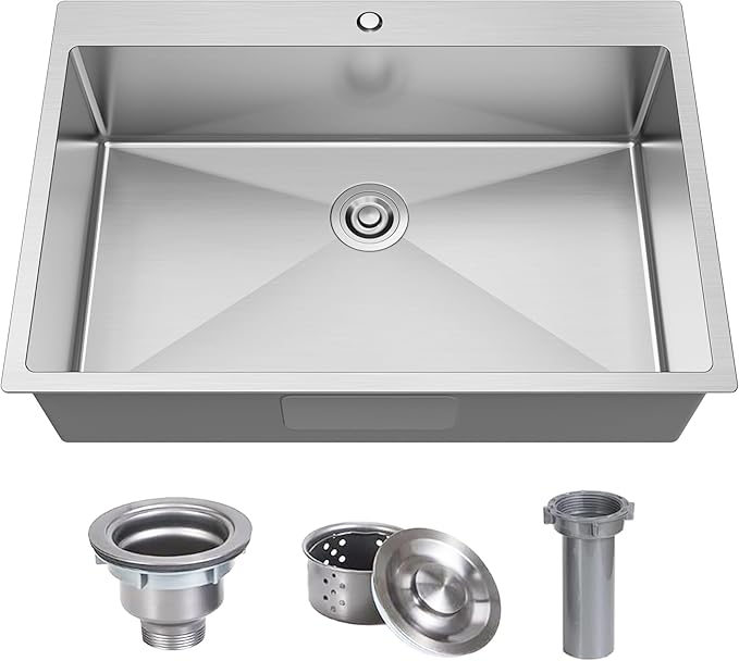 33x22 Drop In Kitchen Sink, 18 Gauge T304 Stainless Steel Top Mount Single Bowl, 9 Inch Deep Basin with Bottom Grid & Drain Assembly, Rust-Proof Brushed Nickel