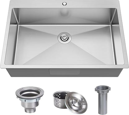 33x22 Drop In Kitchen Sink, 18 Gauge T304 Stainless Steel Top Mount Single Bowl, 9 Inch Deep Basin with Bottom Grid & Drain Assembly, Rust-Proof Brushed Nickel