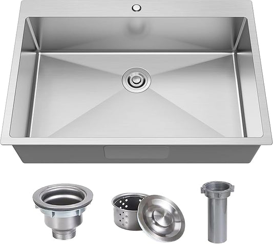 33x22 Drop In Kitchen Sink, 18 Gauge T304 Stainless Steel Top Mount Single Bowl, 9 Inch Deep Basin with Bottom Grid & Drain Assembly, Rust-Proof Brushed Nickel
