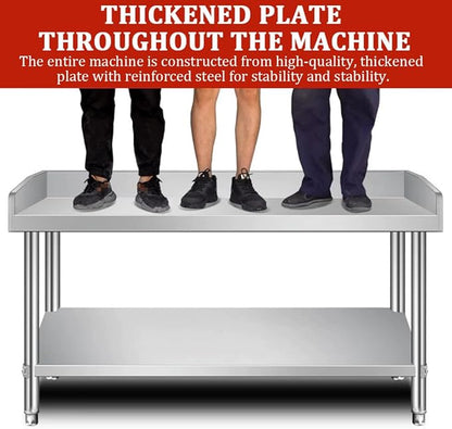 Kitchen Preparation Table Stainless Steel Worktop with Three-Sided Splashback, Stainless Steel Dining Table Grill, Adjustable Legs, 2/3-Tier Kitchen Preparation Table,Al120×w80×h80cm
