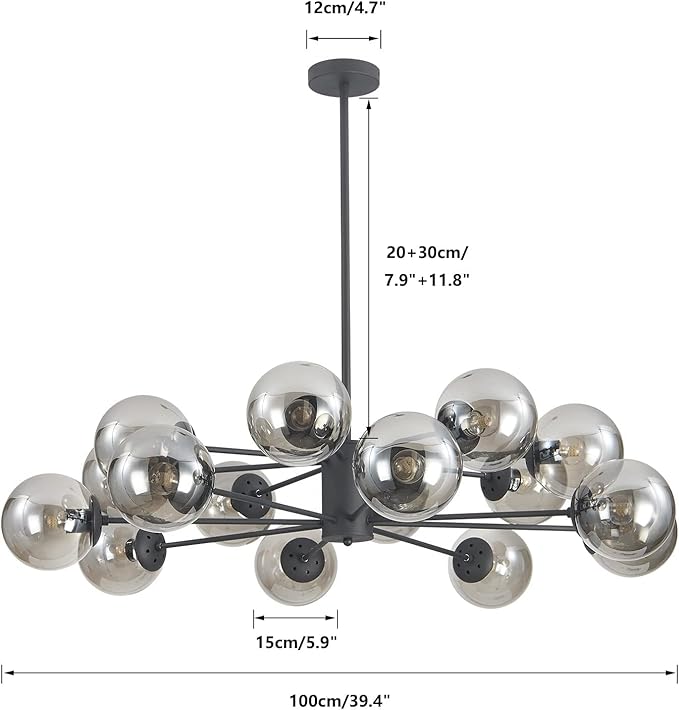 KCO Lighting Mid Century Modern Sputnik Chandelier Matte Black Smoke Gray Glass Sputnik Pendant Light 16-Light Globe Chandelier Farmhouse Kitchen Island Lighting Fixture (Black+Smoke Gray)