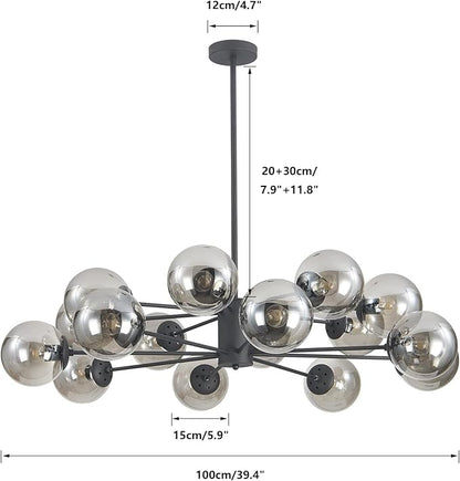 KCO Lighting Mid Century Modern Sputnik Chandelier Matte Black Smoke Gray Glass Sputnik Pendant Light 16-Light Globe Chandelier Farmhouse Kitchen Island Lighting Fixture (Black+Smoke Gray)