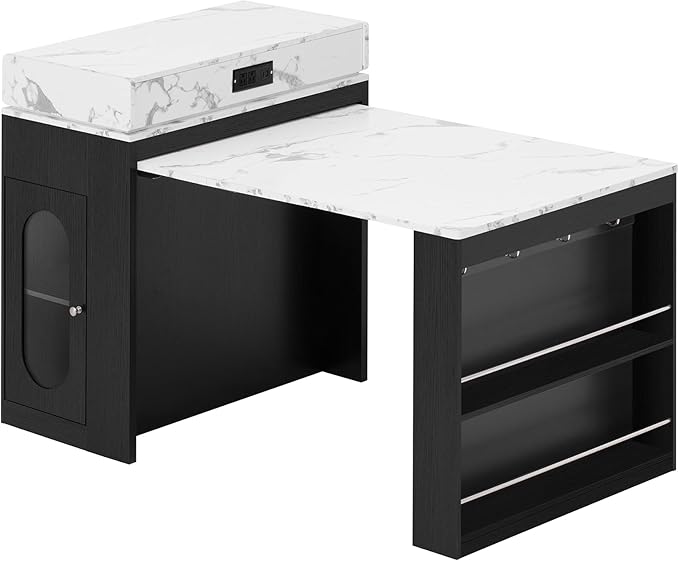 Extendable Dining Table with Folding Leaves & Power Outlet, Convertible Kitchen Island on Wheels with Storage Drawers and Hooks, for Small Spaces (57.70+Black+Marble White)