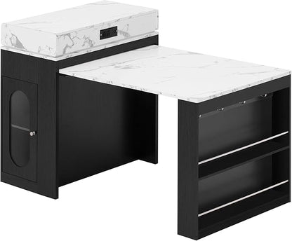Extendable Dining Table with Folding Leaves & Power Outlet, Convertible Kitchen Island on Wheels with Storage Drawers and Hooks, for Small Spaces (57.70+Black+Marble White)