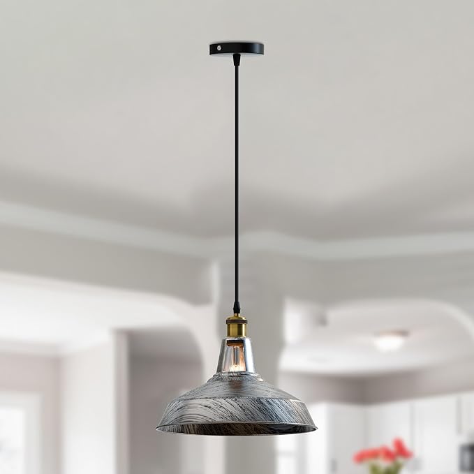 1m Vintage Barn Pendant Lighting with Adjustable Cord Industrial Pendant Light Metal Hanging Lamps for Living Room, Kitchen, Dining Room, Bedroom (Brushed Silver)