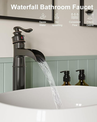 BWE Waterfall Spout Oil Rubbed Bronze Bathroom Faucet Single Handle One Hole Vessel Sink Faucet ORB Lavatory Faucets Deck Mount Tall Body Commercial