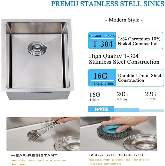 Hotis 15" x 17" Undermount Bar Sink, Stainless Steel Prep Small Kitchen Bar Sink for Rv/Outdoor, Single Bowl Design Brushed Nickel Sink With Strainer