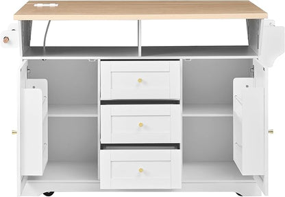 JIJIWANG Multifunctional Extendable Kitchen Island Cart with with Towel Rack,Spice Rack Shelf US Standard Outlet, 47 * 18 * 36inch,5 Wheels Mobile Kitchen Storage Cabinet,1 inchThick Top Board,White