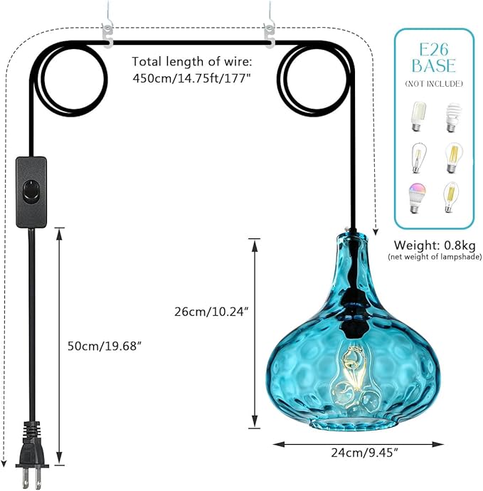 Mid-Century Modern Plug in Pendant Light Fixture,Blue Glass Pendant Lamp with 14.7 ft Cord Hammered Glass Globe Shade,Black Plug in Hanging Light for Bedroom Dining Living Room