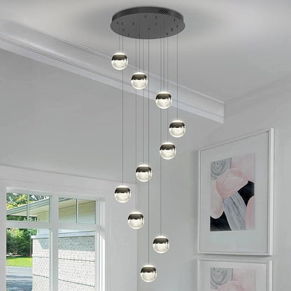 Staircase Chandelier Crystal Globe Pendant Light Black Large Chandeliers for High Ceiling,10-Lights Hanging Flush Mount Lighting Fixtures for Foyer,Entryway,Living Room