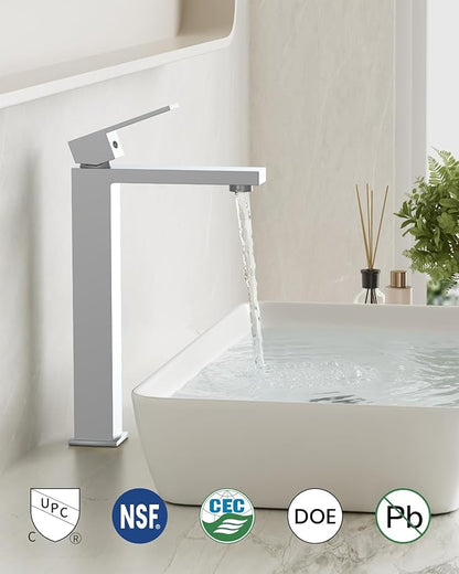 gotonovo Vessel Sink Faucet Single Handle Tall Bathroom Faucet One Hole Modern Lavatory Vanity Basin Mixer Tap Matching Supply Hoses and Pop up Drain Without Overflow, Polish Chrome