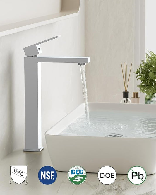 gotonovo Vessel Sink Faucet Single Handle Tall Bathroom Faucet One Hole Modern Lavatory Vanity Basin Mixer Tap Matching Supply Hoses and Pop up Drain Without Overflow, Polish Chrome