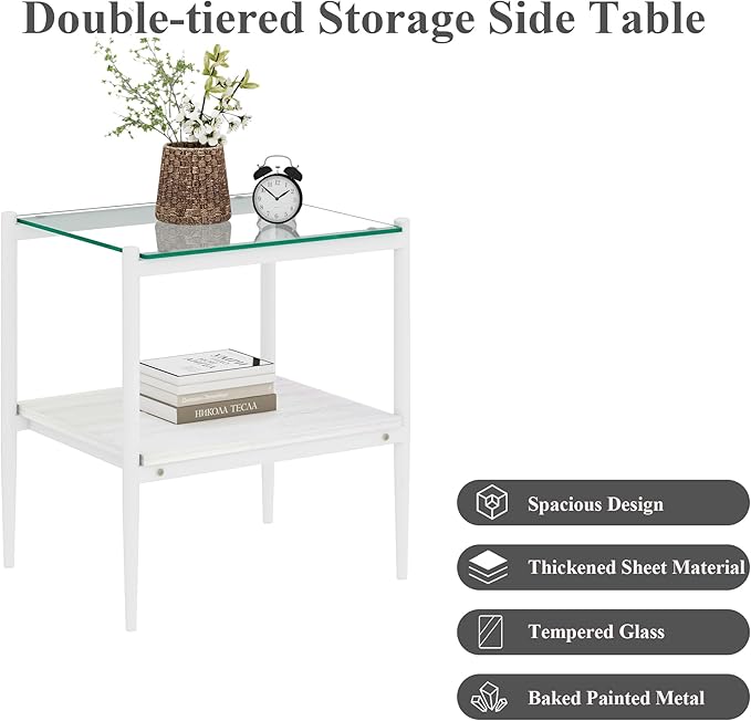 Set of 2 Glass End Table, 2-Layer Glass Living Room Table, Modern Tea Table Side Tables for Home Office Furniture