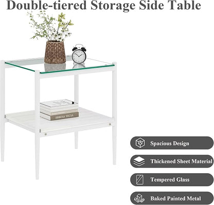 Set of 2 Glass End Table, 2-Layer Glass Living Room Table, Modern Tea Table Side Tables for Home Office Furniture