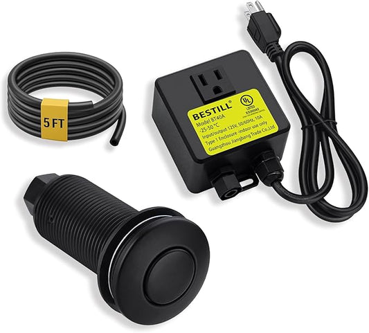 BESTILL Sink Top Garbage Disposal Air Switch Kit, Matte Black 3.6" Long Push Button with Brass Cover, UL Listed