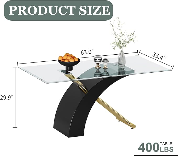 63" Rectangle Glass Dining Table, Black Modern Kitchen Table with Tempered Glass Tabletop and Gold X-Shaped MDF Base, Dining Room Table for 4-6, for Kithchen, Living Room